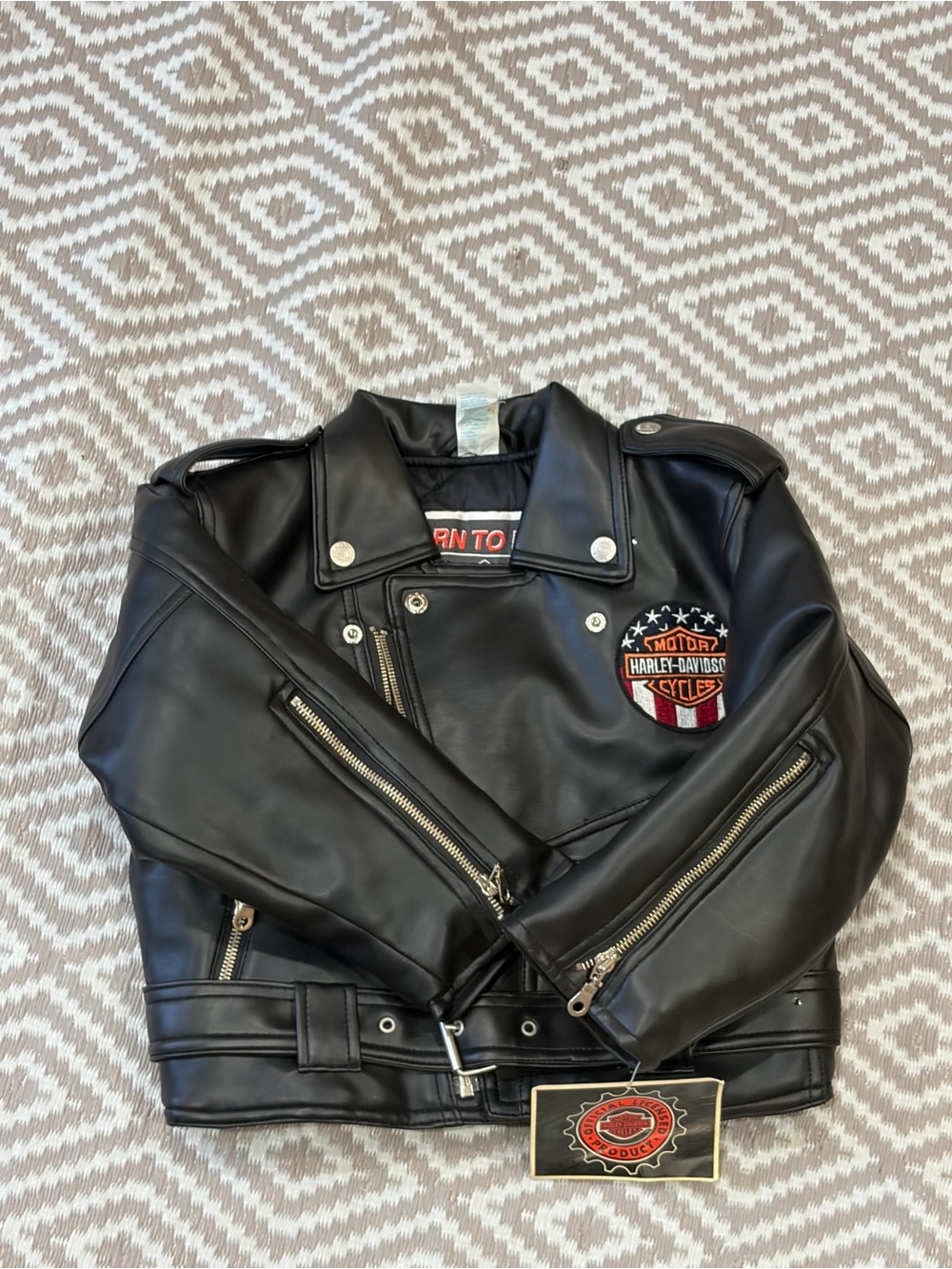 Vintage Harley Davidson Youth Black Faux Leather Jacket Biker Full Zip Sz 5 New